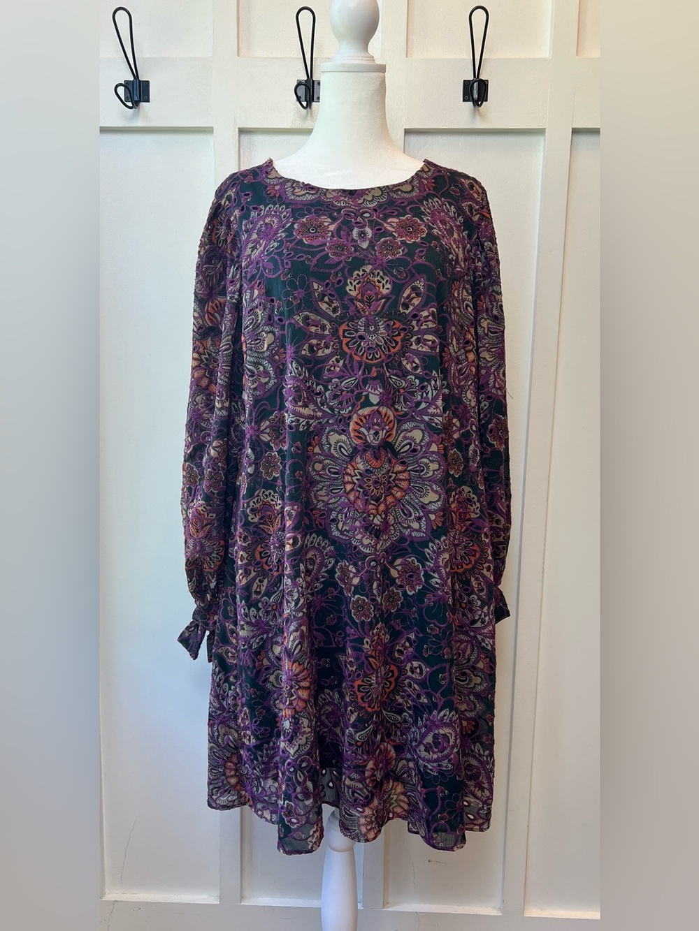 Calvin Klein Women's Size 14 Midi Dress Floral Purple Black Cutouts Tie Sheer